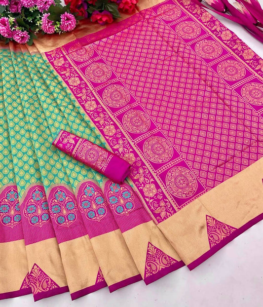 DEIANA'S Beautiful Designer Golden zari Soft Lichi Silk Saree - Bluue - Swadesiicart