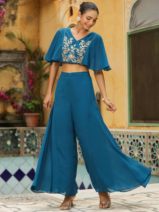 Janasya Teal Blue Georgette Yoke Embroidery Co-Ords - Swadesiicart