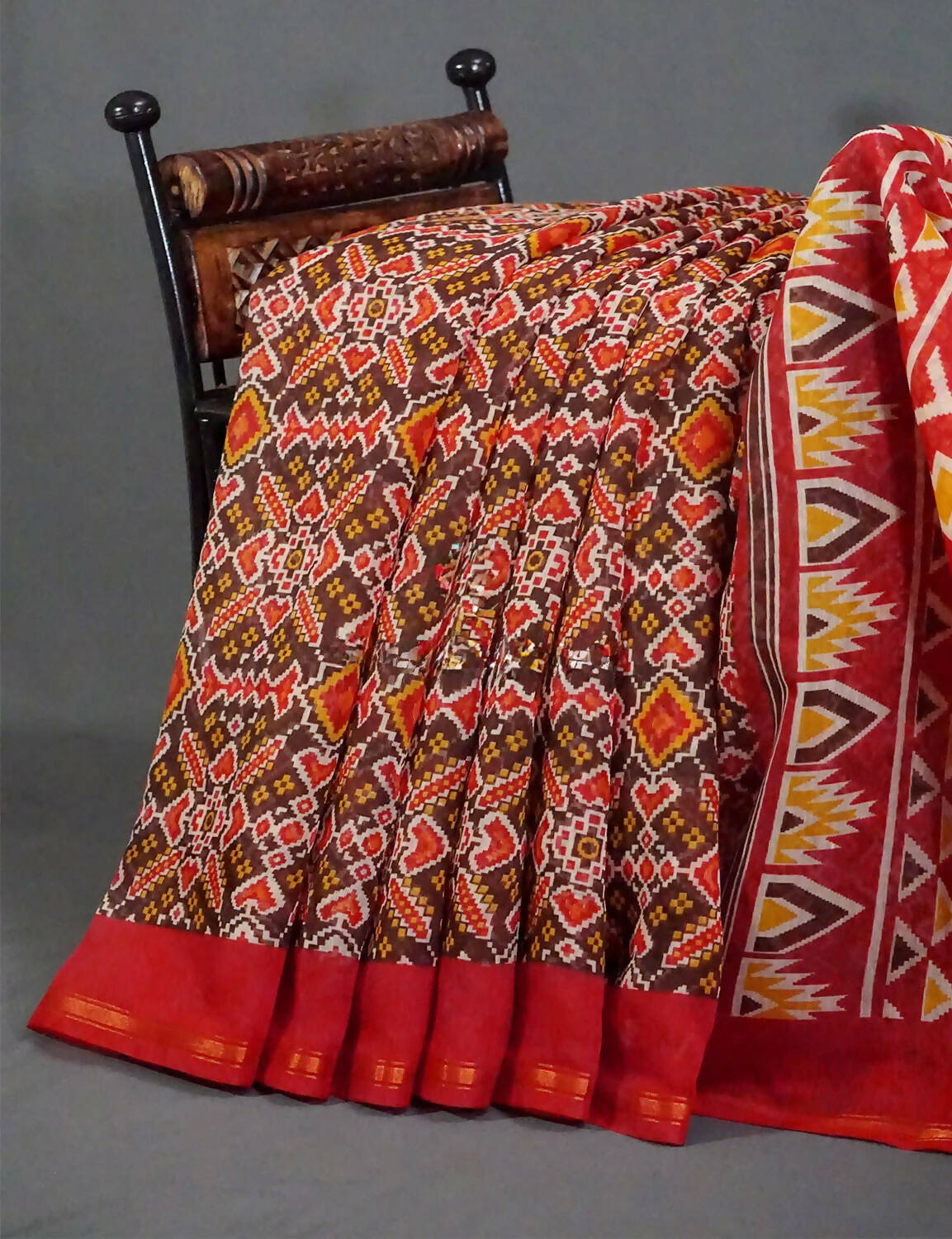 Brown And Red Coloured Patola Print Semi Chanderi Saree By Gayathri Reddy Designer Studio | Swadesiicart