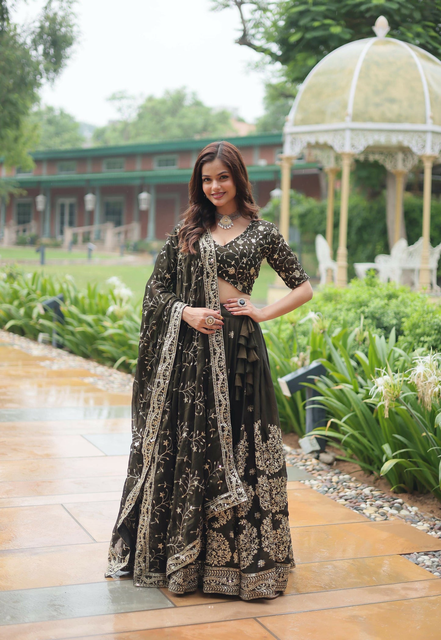 Lorenvalley Mahendi Rangoli Silk Heavy Sequins & Thread Embroidered work Lehenga Choli | Swadesiicart