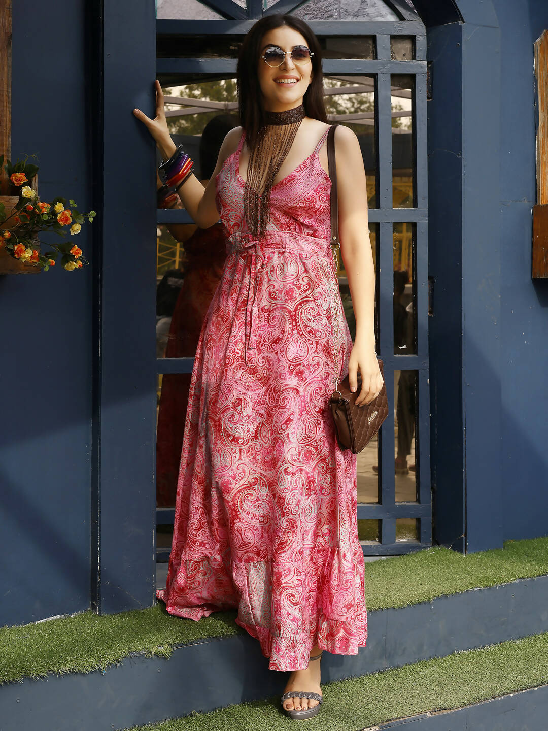 Pink Rayon Foil Printed Long Dress - Michan | Swadesiicart
