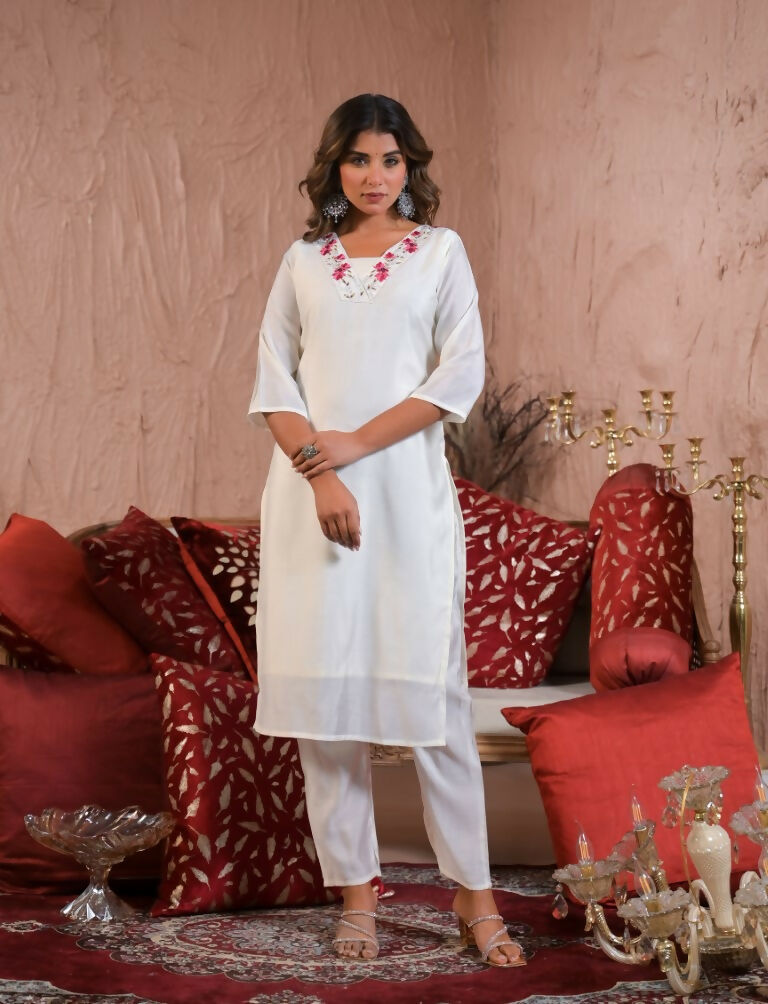 Ethnic Festive Wear Viscose Chanderi White Stitched Suit With Dupatta - Tanisha | Swadesiicart