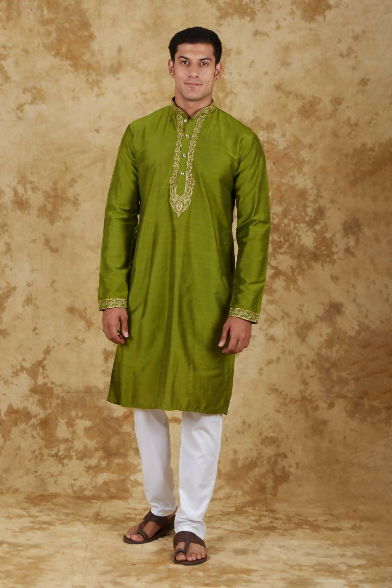 Bluesaanchi Men's Sunshine Handwoven Embroidered Apple Green Kurta Set | Swadesiicart