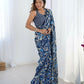 Blue Chinon Designer Digital Printed,Mirror Cut Work Saree - Manvika