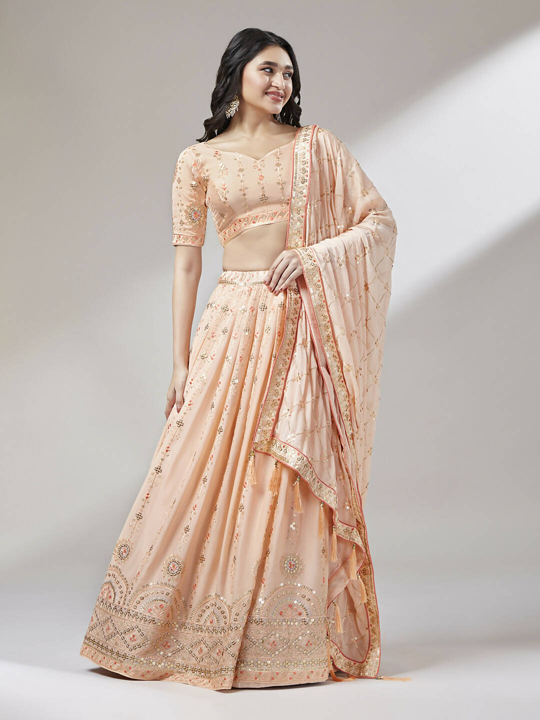 House of Panchhi Women Peach Pure Georgette Embroidered Lehenga & Blouse, Dupatta | Swadesiicart