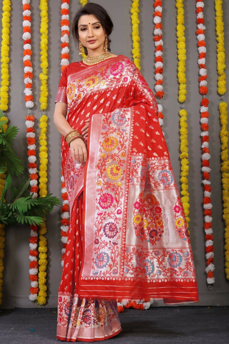 Jyoti Fashion Women's Red Banarasi Silk Zari Woven Saree with Blouse | Swadesiicart