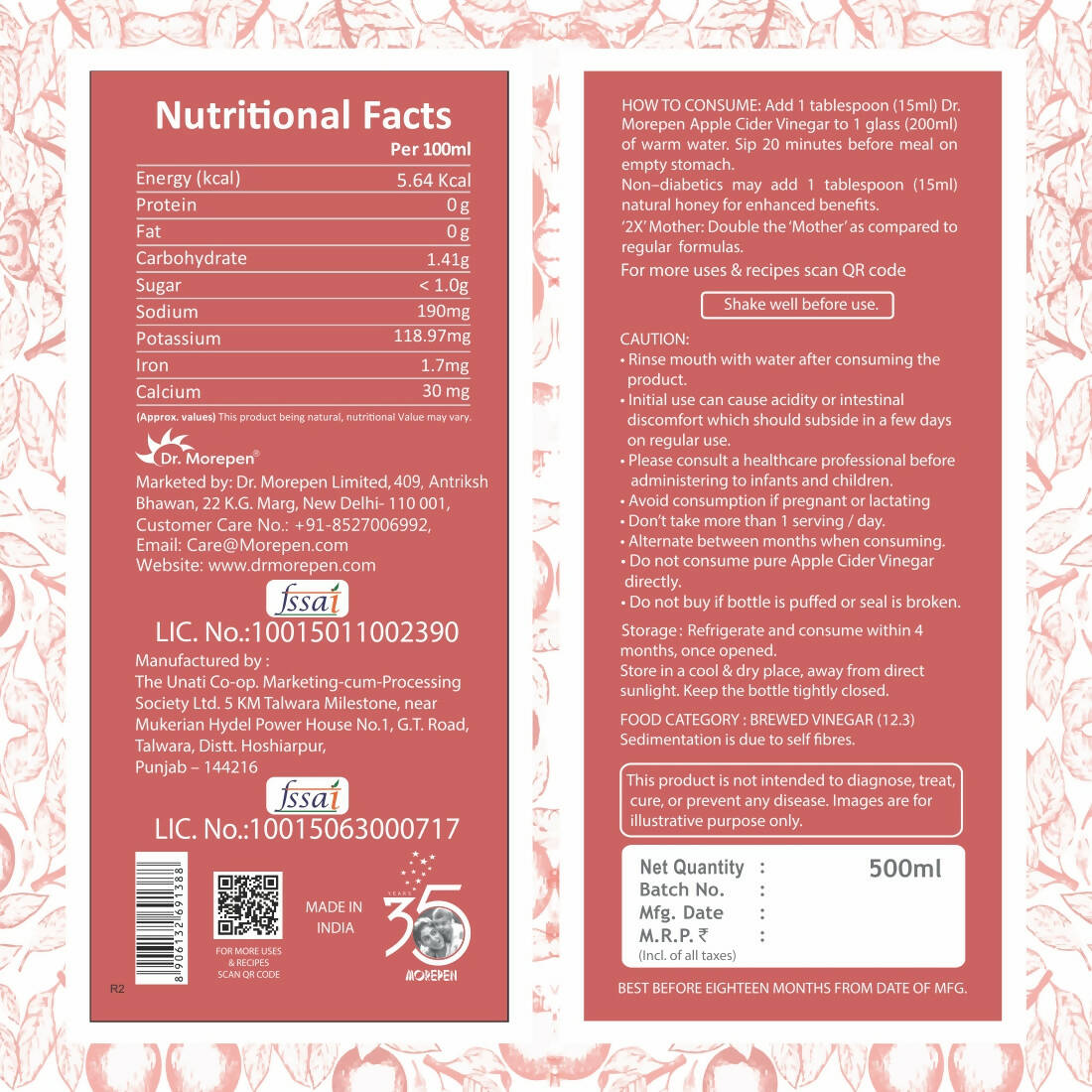 Dr. Morepen Apple Cider Vinegar With 2x Mother for Weight Management, Immunity, Skin & Hair - Swadesiicart
