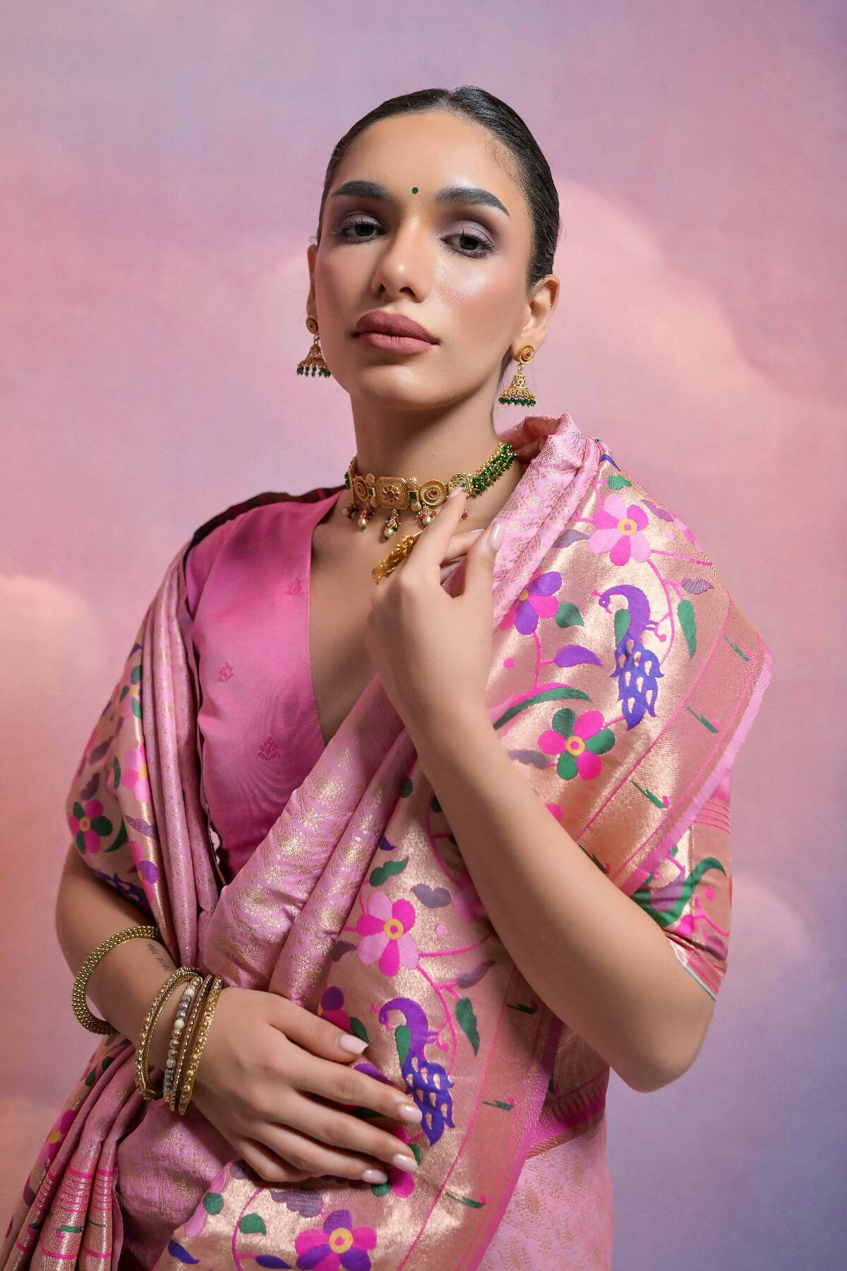 Vishnu Weaves Women's Baby-Pink Paithani Silk Zari Woven Saree with Blouse - Swadesiicart