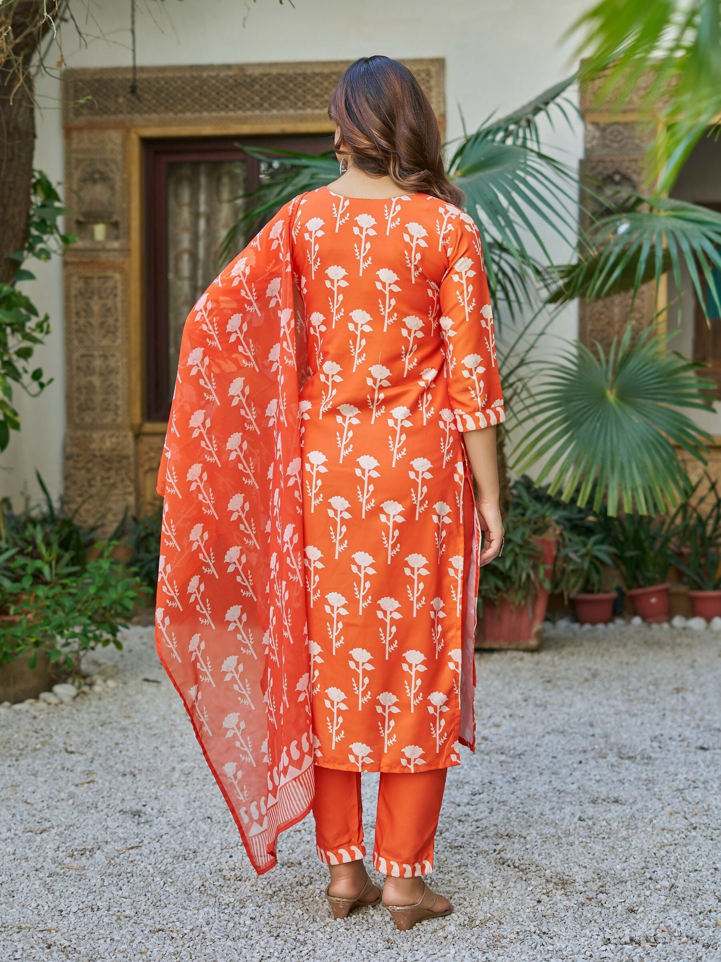 The52 Orange Women's Beautiful Cotton Blend Fabric Printed Work Straight Kurta, Pant and Dupatta Set - Swadesiicart
