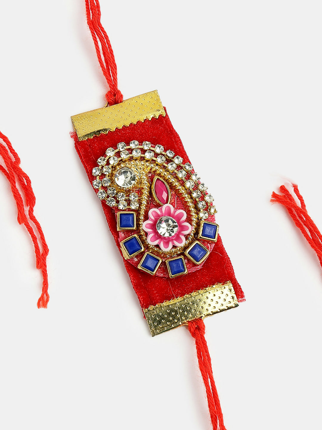 NVR Men Red Stone-Studded Rakhi With Roli Chawal & Chocolate | Swadesiicart