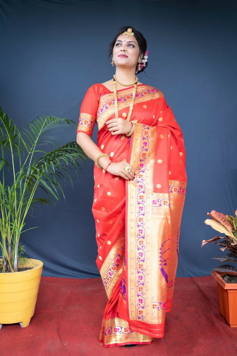 Jyoti Fashion Women's Red Paithani Silk Zari Woven Saree with Blouse | Swadesiicart