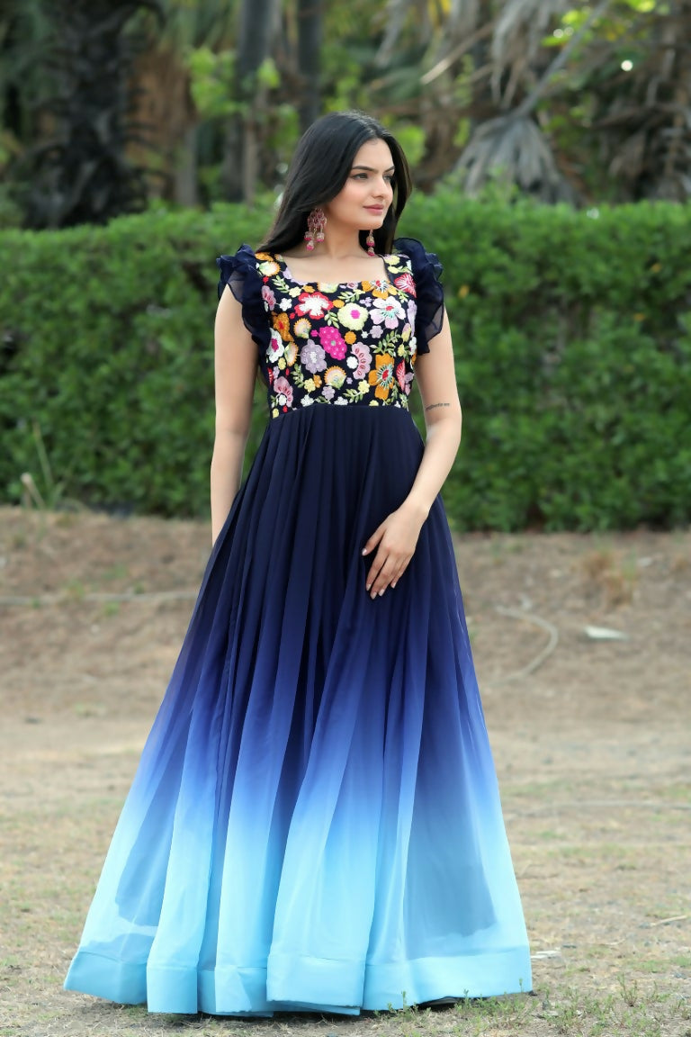 Jyoti Fashion Women's Blue Sequins Embroidery Faux Blooming Anarkali Dress | Swadesiicart