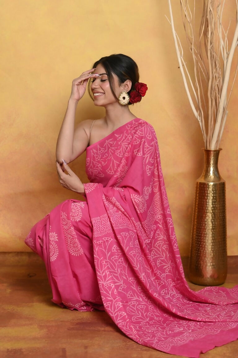Very Much Indian Handblock Printed Cotton Saree With Natural Dyes - Pink | Swadesiicart