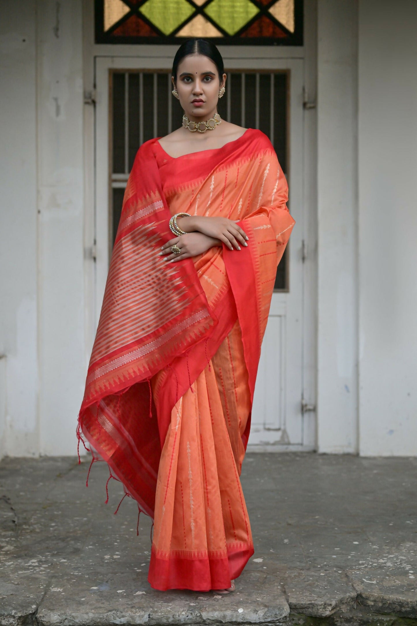 Vishnu Weaves Women's Orange Raw Silk Saree with Blouse - Swadesiicart