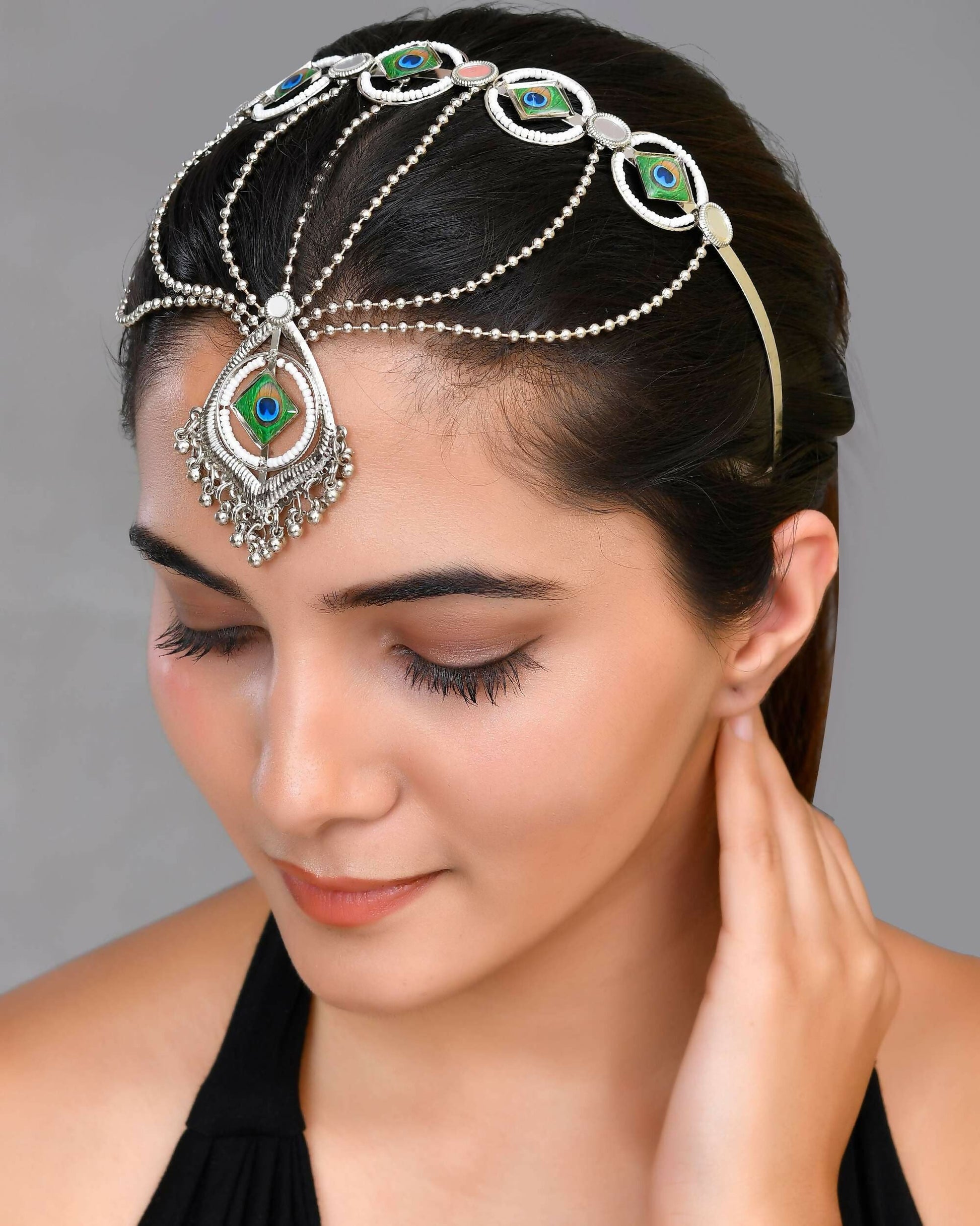 VOJ Silver Plated Peacock Printed Hairband With Mang Tikka | Swadesiicart