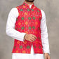 Anaita Red Cotton Straight Kurta Pajama & Koti With Jequard Work