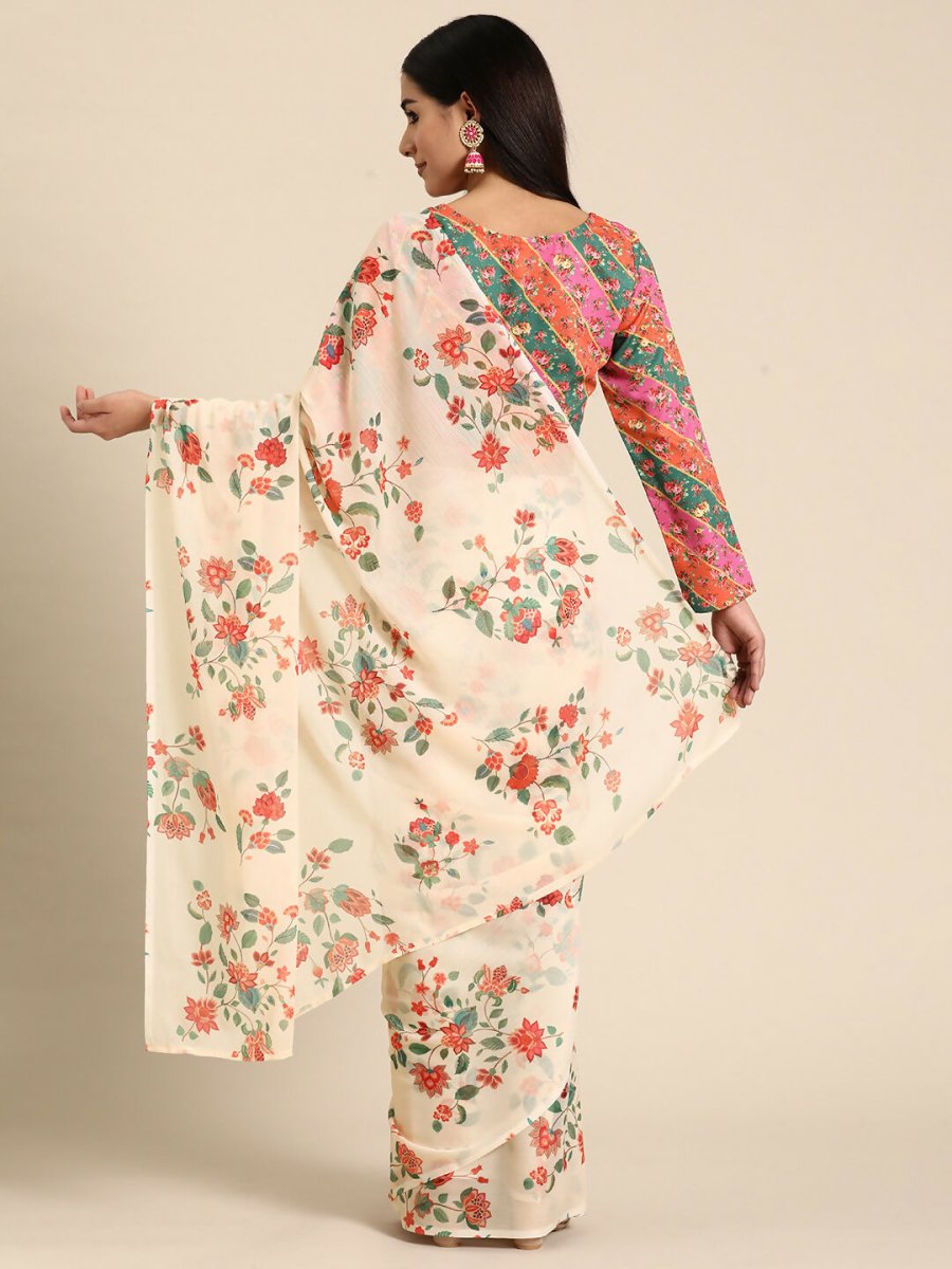 Ahalyaa Women's Traditional Semi Stitch Saree - Off White | Swadesiicart