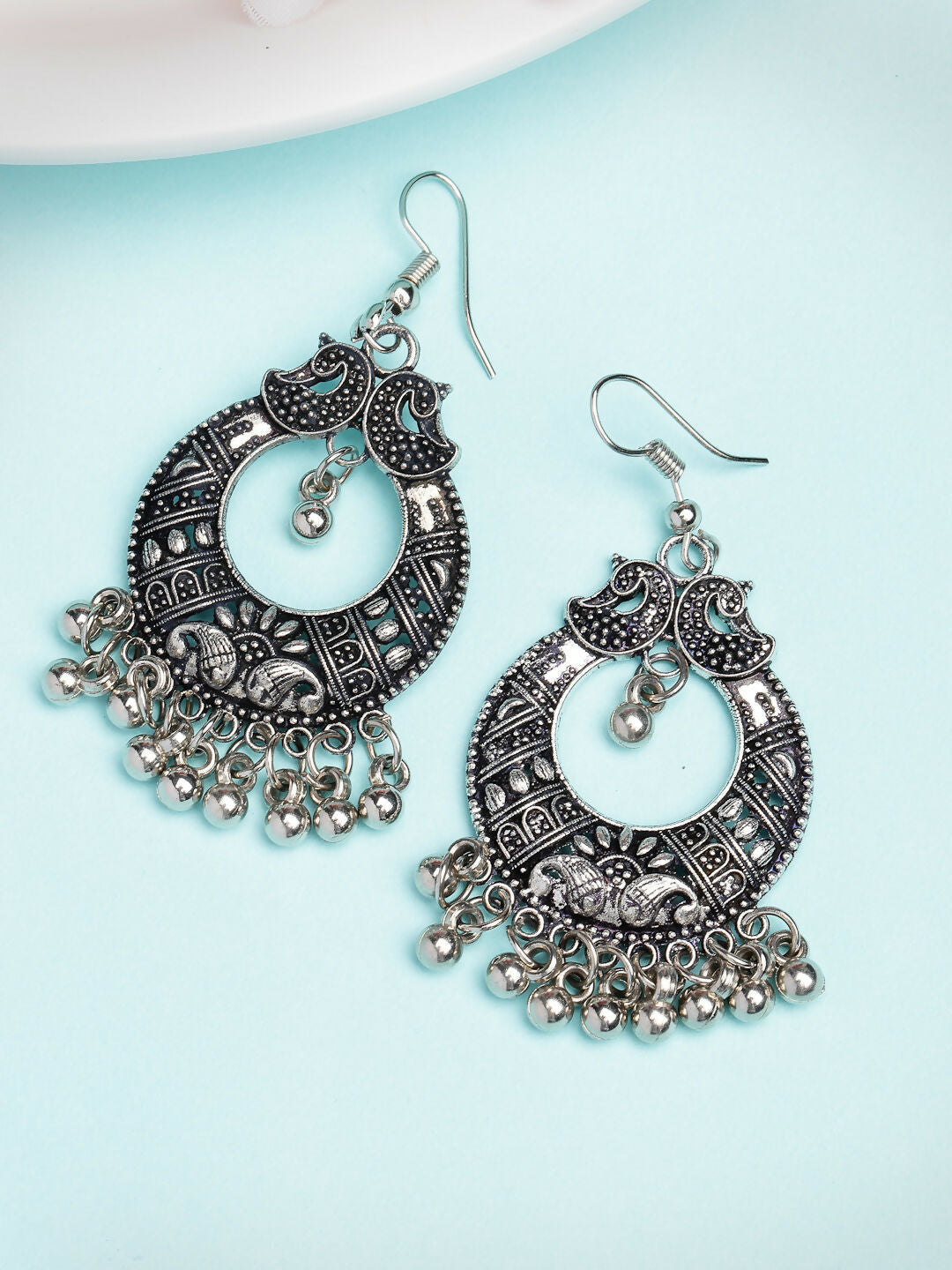 NVR Women's Silver-Plated German Silver Oxidised Chandbali Earrings - Swadesiicart