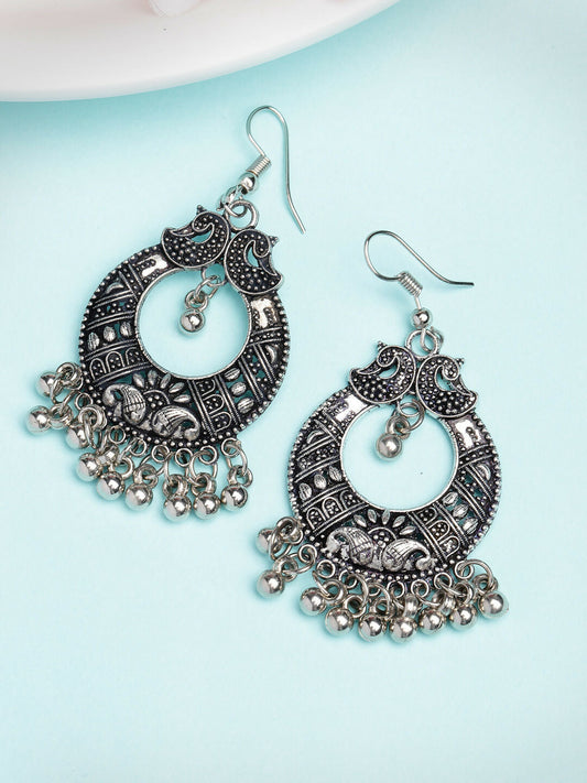 NVR Women's Silver-Plated German Silver Oxidised Chandbali Earrings - Swadesiicart