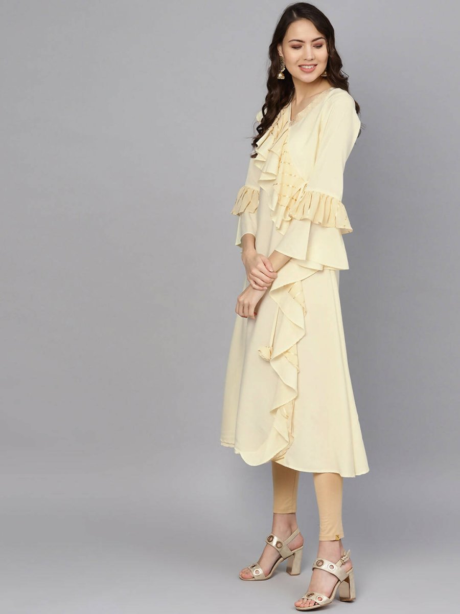 Ahalyaa Cream Crepe Angarkha Style Ruffled Kurta For Women | Swadesiicart