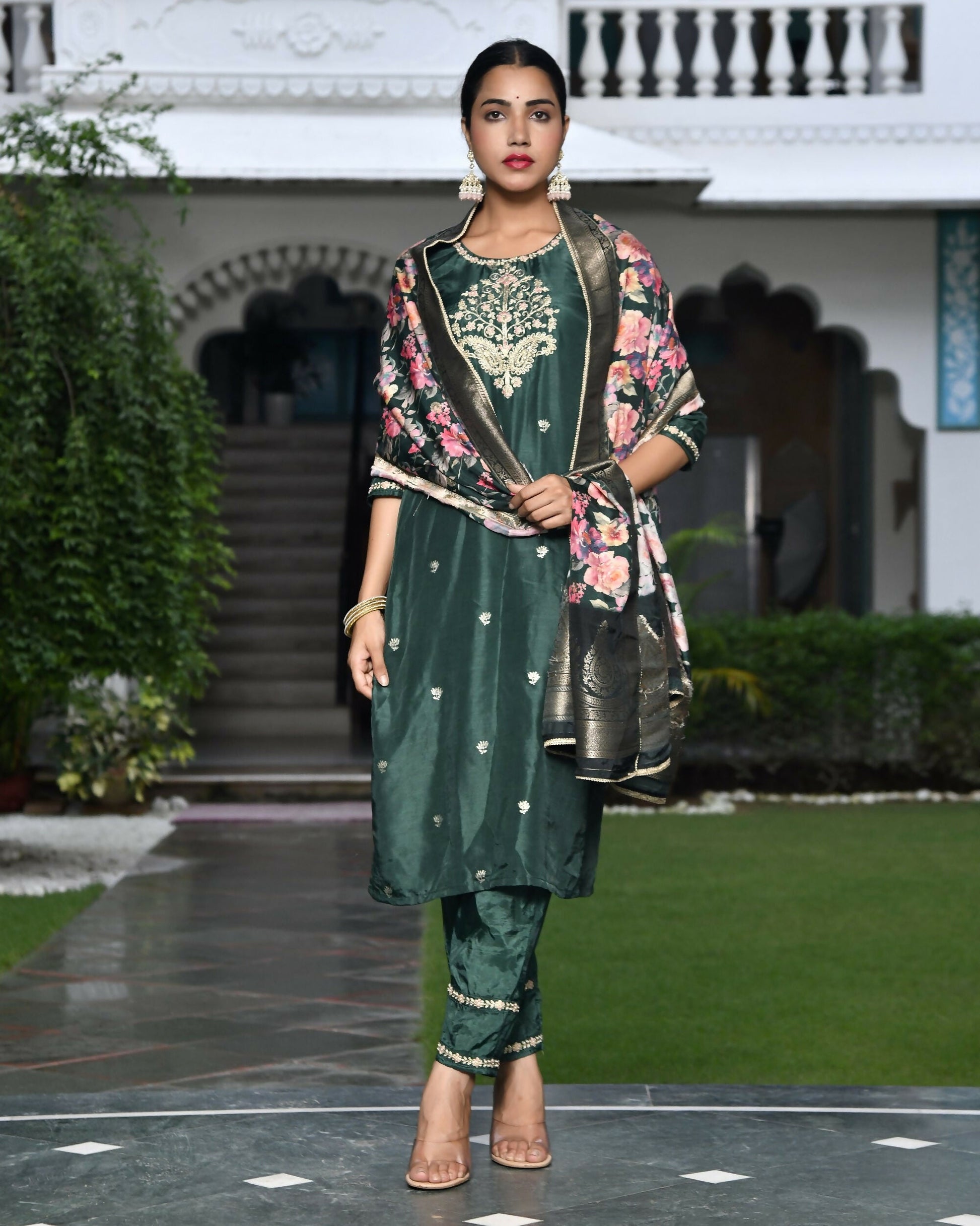 Vaasva Women's Silk Emboidered Solid Pant Set & Digital Printed Dupatta | Swadesiicart