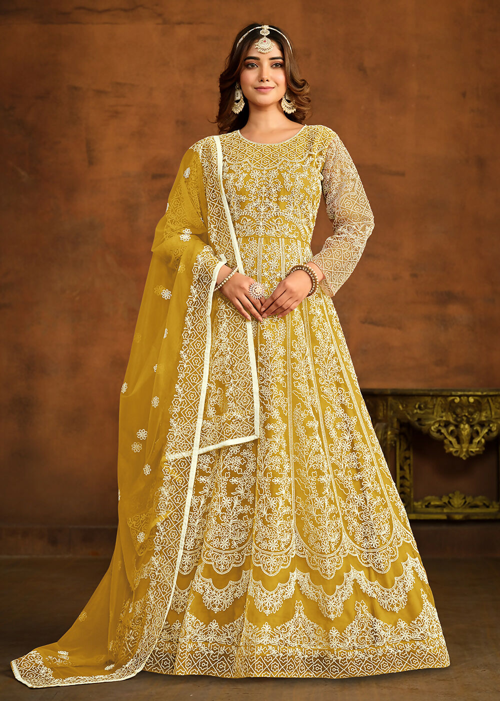 Yellow All Over Embroidered Net Wedding Anarkali Suit - Emponline | Swadesiicart