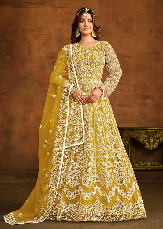 Yellow All Over Embroidered Net Wedding Anarkali Suit - Emponline | Swadesiicart