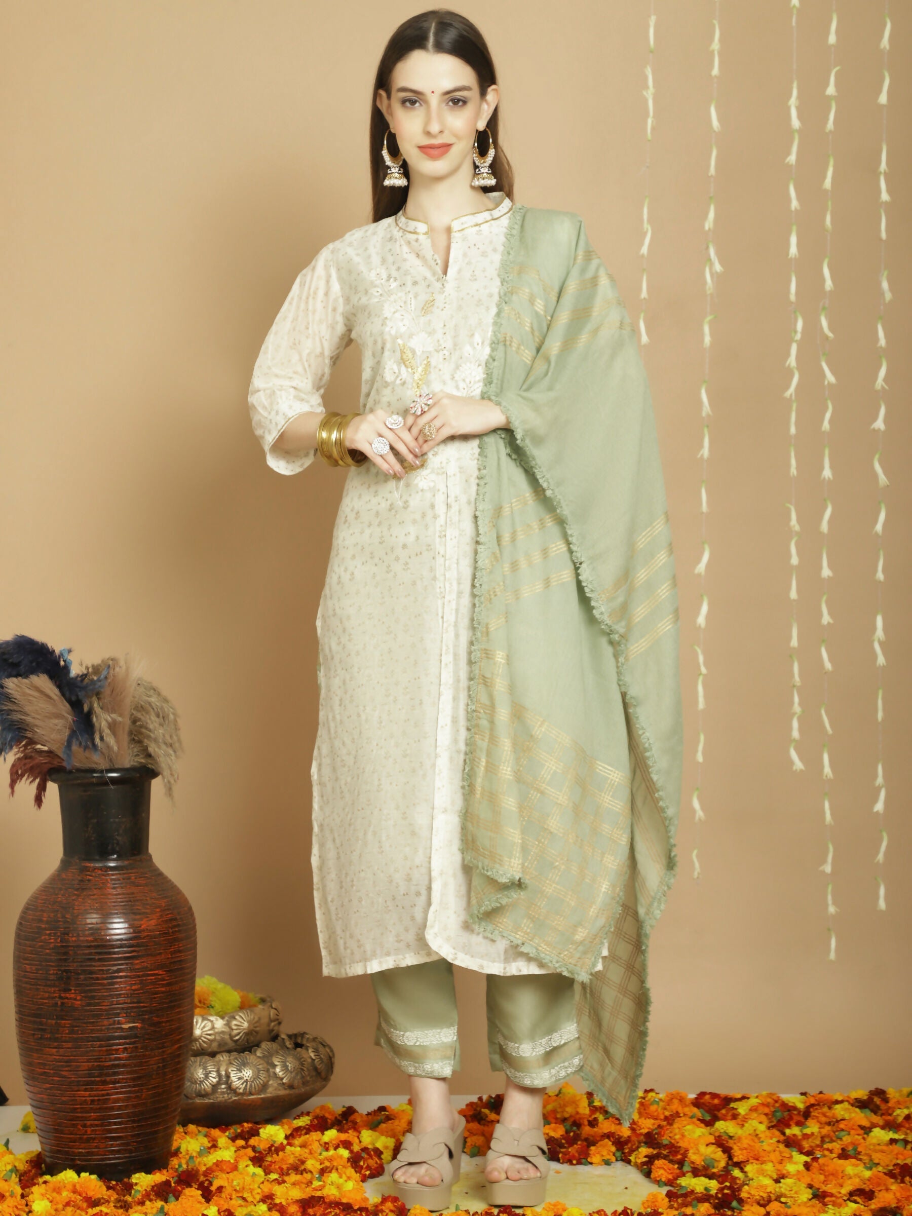 Jyoti Fashion Women's Off White Chanderi Silk Elegant Jardoshi Kurta with Trouser & Dupatta | Swadesiicart