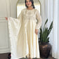 The52 CreamWomen's Gorgeous Embroidered Vichitra Silk Fabric Flared Kurta Pant with Dupatta Set - Swadesiicart