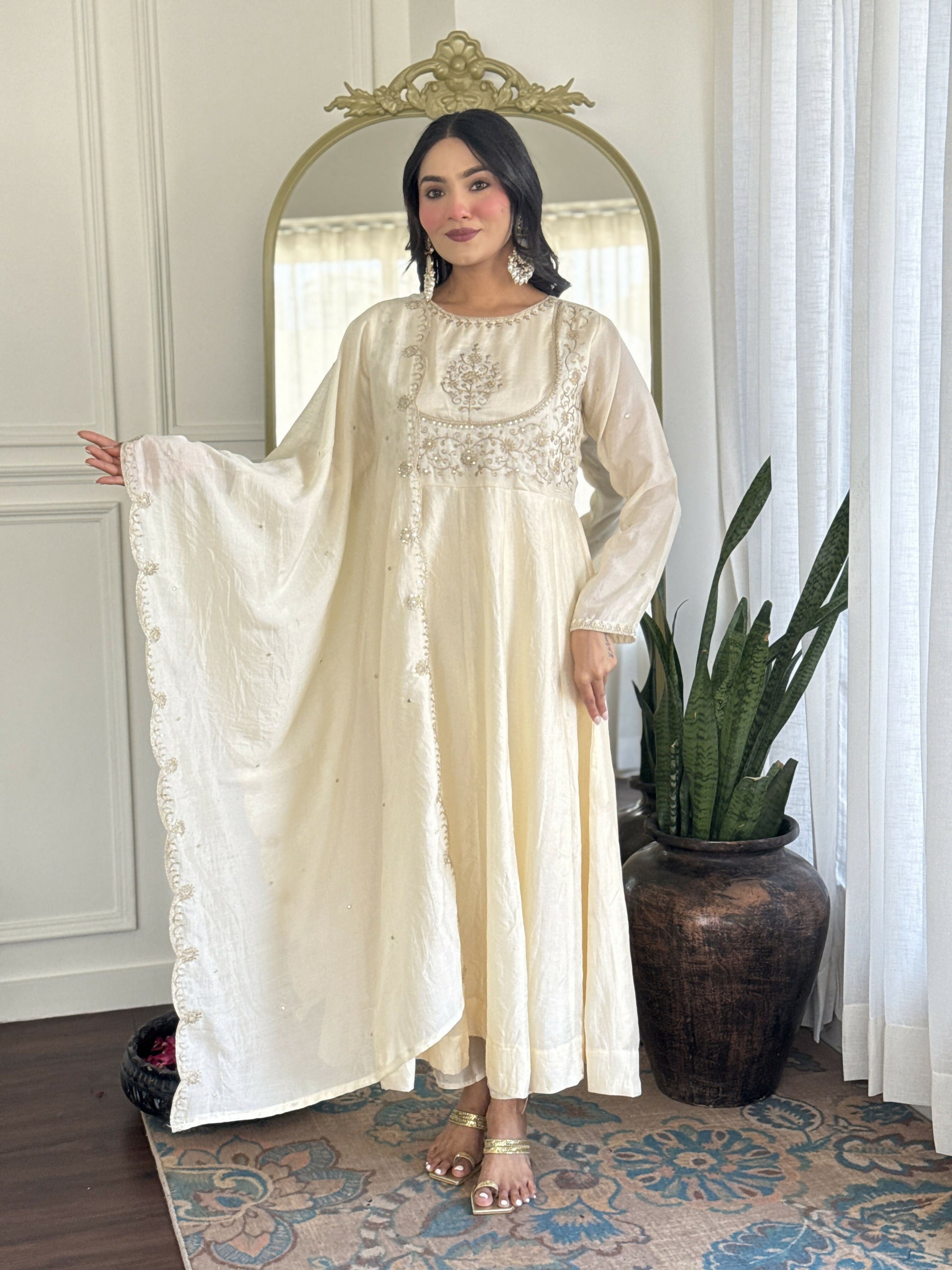 The52 CreamWomen's Gorgeous Embroidered Vichitra Silk Fabric Flared Kurta Pant with Dupatta Set - Swadesiicart