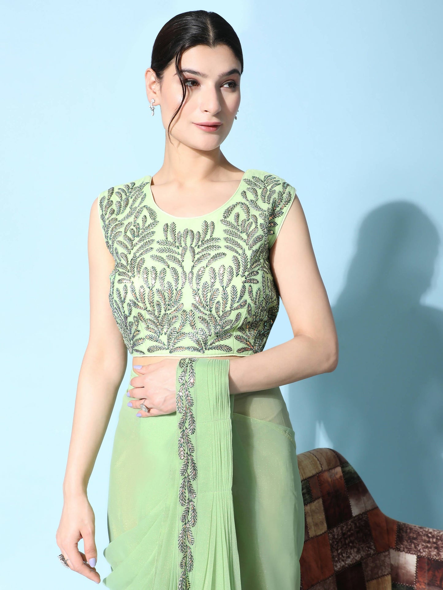 Green Fancy Pure Fabric Plain Ready to wear Saree with stitched Blouse - Vrinda | Swadesiicart