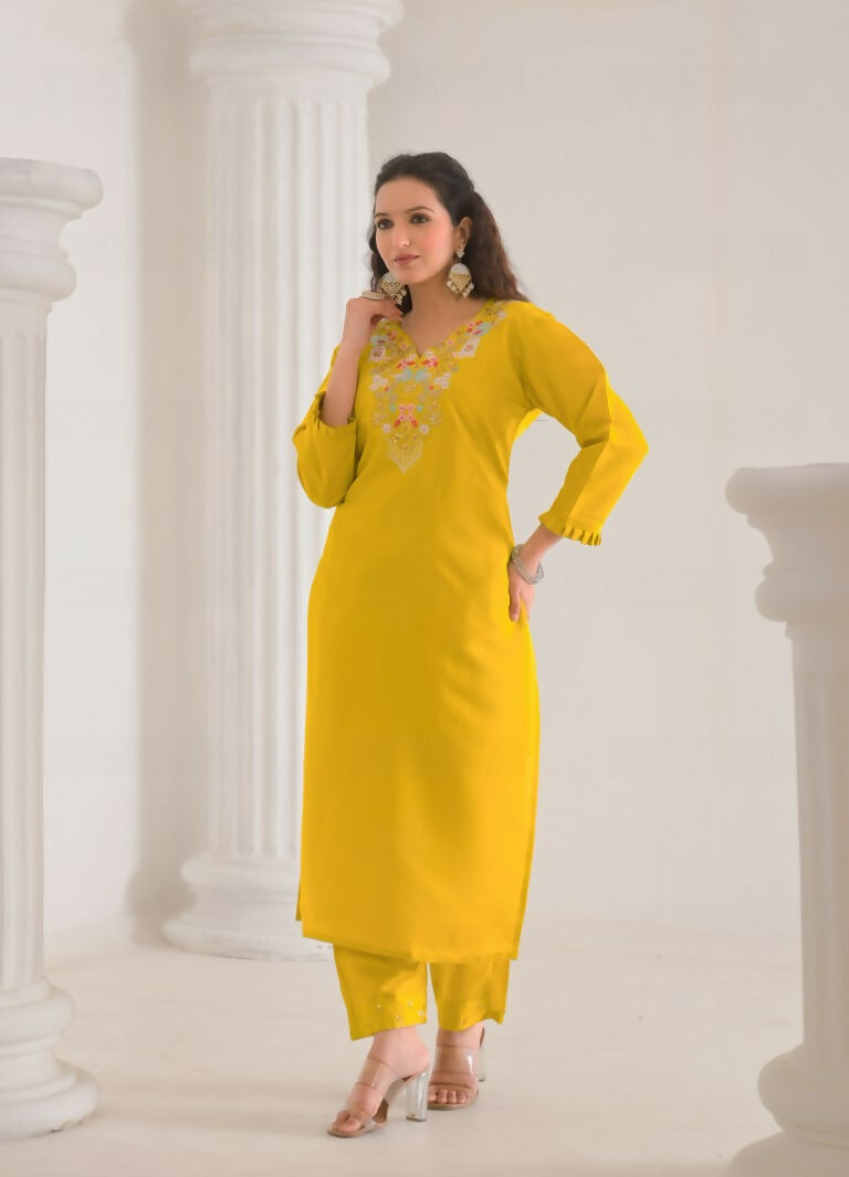 Ethnic Festive Wear Viscose Chanderi Yellow Stitched Suit With Dupatta - Tanisha | Swadesiicart