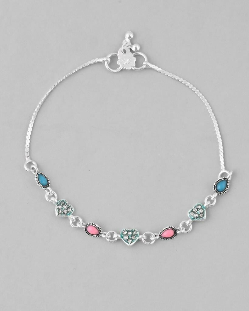 VOJ Set of 2 Silver Plated Heart Shaped Meenakari Anklet - Swadesiicart