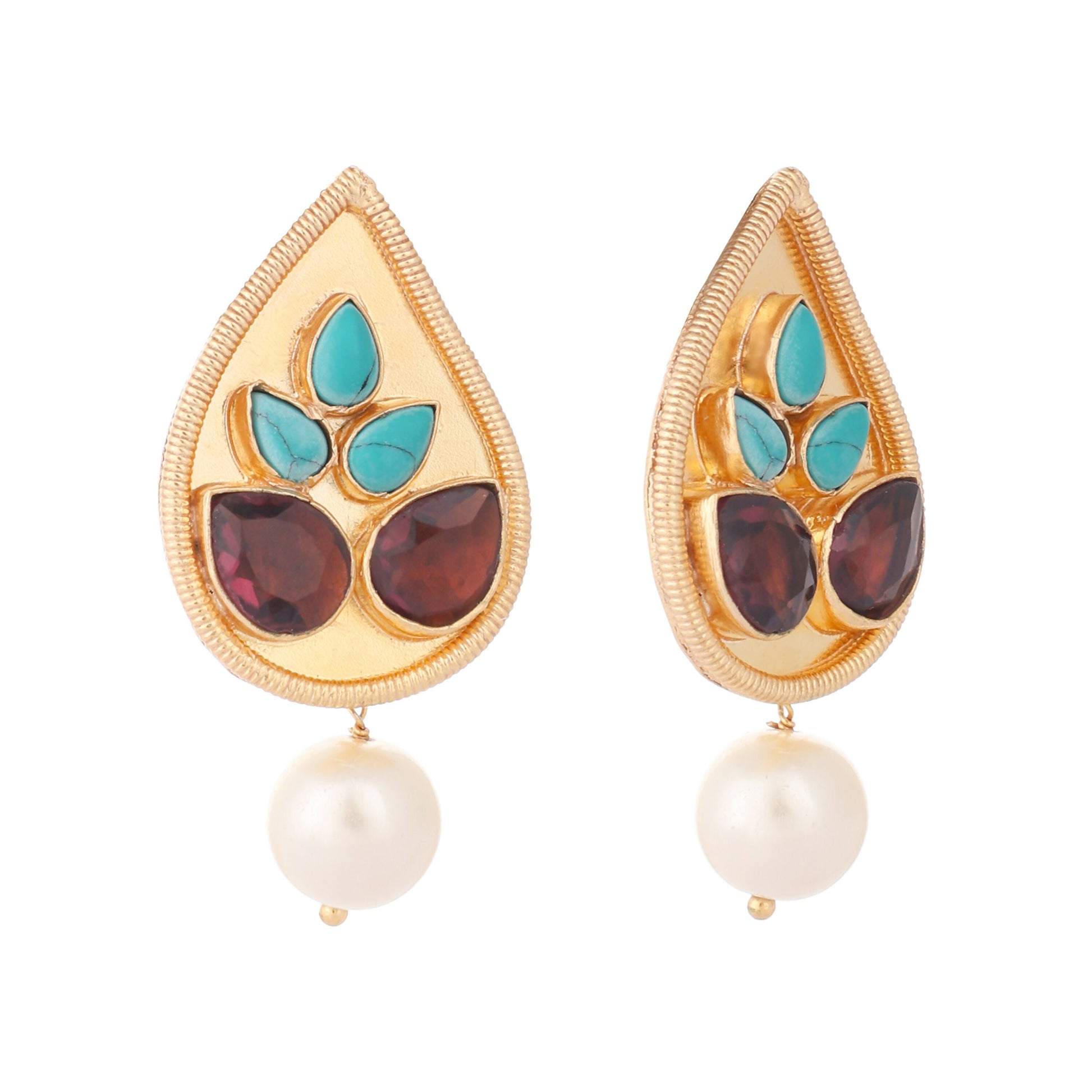 Nuyug 22K Gold Plated Faux Turquoise Stone Studded Contemporary Petal Shaped Pearl Drop Stud Earrings | Swadesiicart