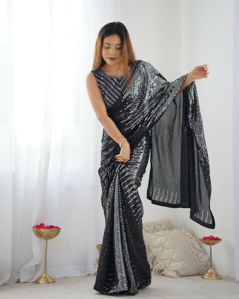 Black Georgette Designer Sequence Embroidery Work Saree - Radhe