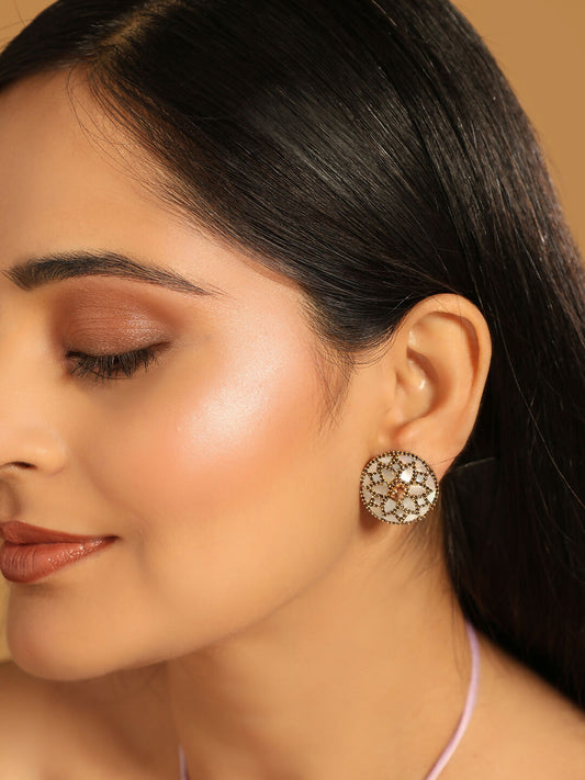 Nuyug 22K Gold Plated Mother of Pearls and Stone Studded Contemporary Floral Shaped Studs | Swadesiicart