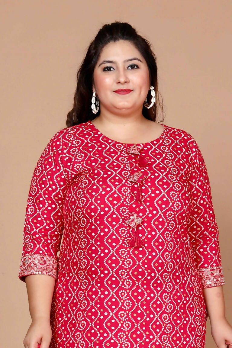 Miravan Women's Plus Size Pink Bandhani Pakistani Straight Kurti - Swadesiicart