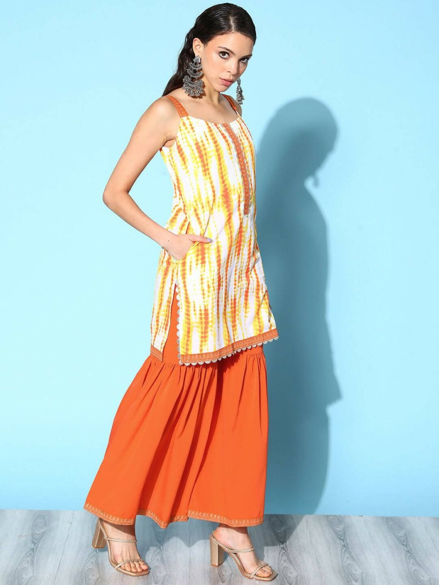 Ahalyaa Women's Orange Crepe Printed Kurta Sharara Set With Dupatta | Swadesiicart