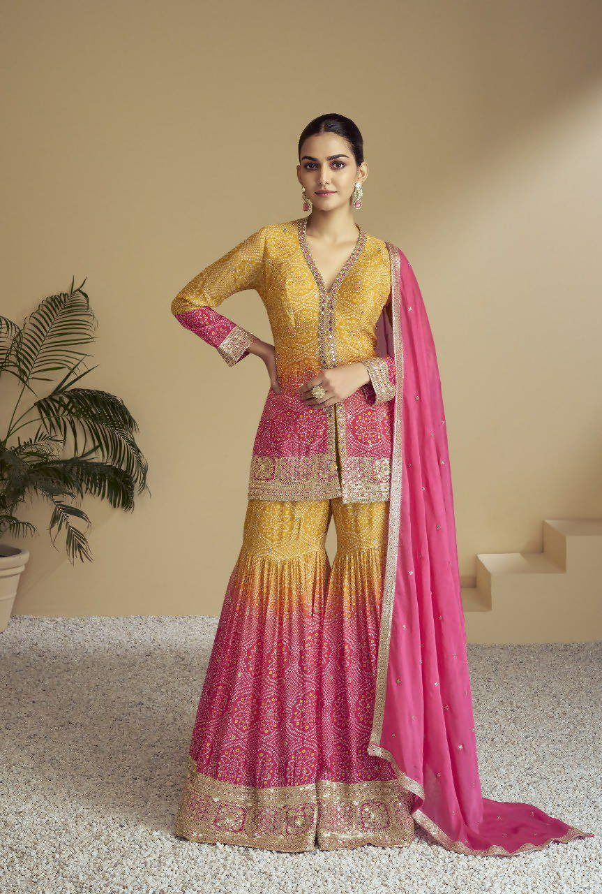 Lorenvalley Fashion Yellow and Pink Chinon Embroidery With Sequince Work Salwar Kameez Stitched | Swadesiicart
