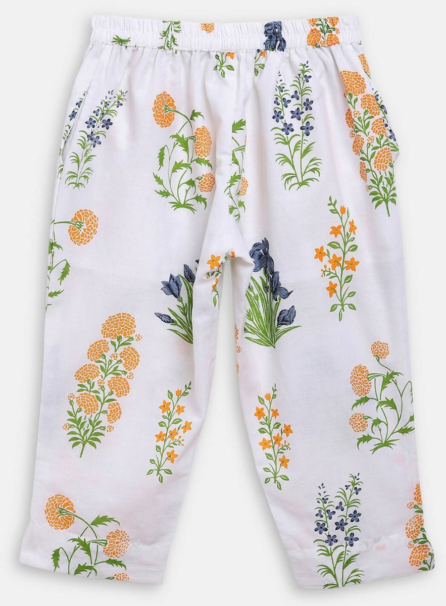 Ahalyaa White Cotton Straight Floral Printed Kids Kurta Pant Sets With Dupatta For Girls | Swadesiicart
