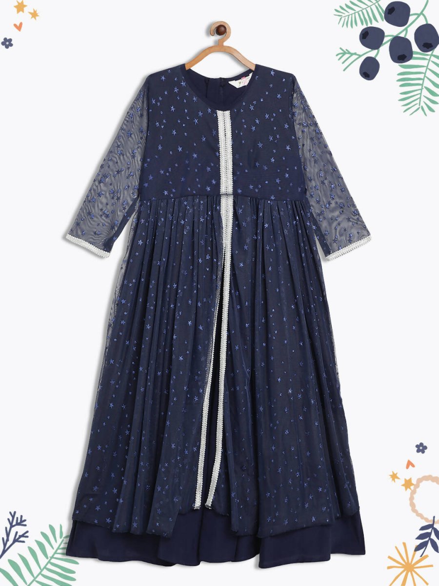 Ahalyaa Navy Blue Net Foil Print Kids Dress For Girls | Swadesiicart