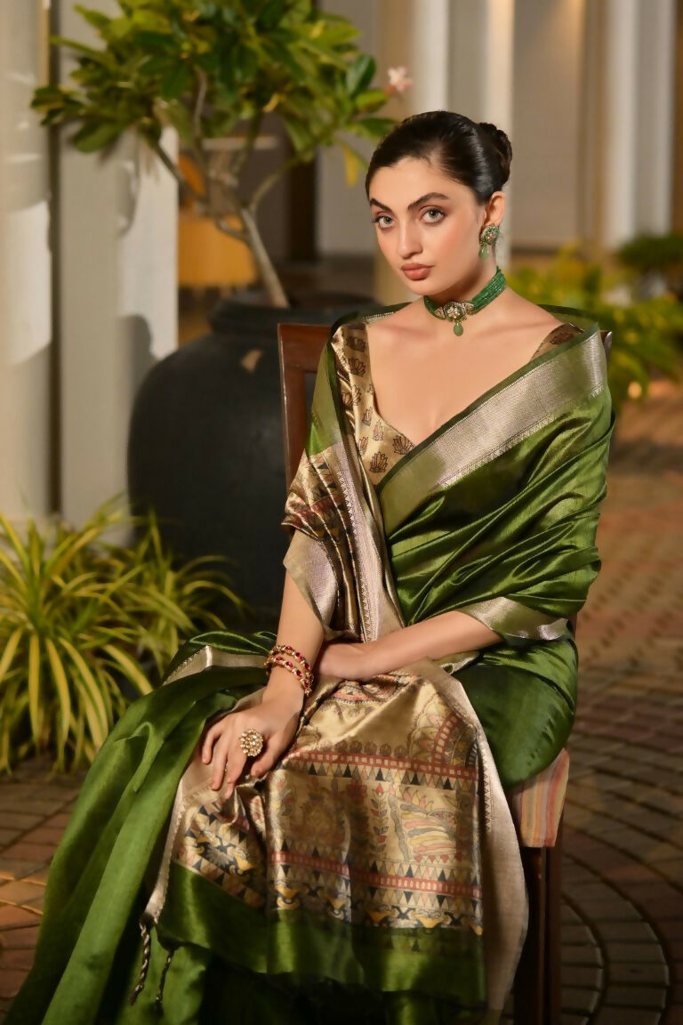 Vishnu Weaves Women's Mahendi Soft Tussar Silk Printed Saree with Blouse - Swadesiicart
