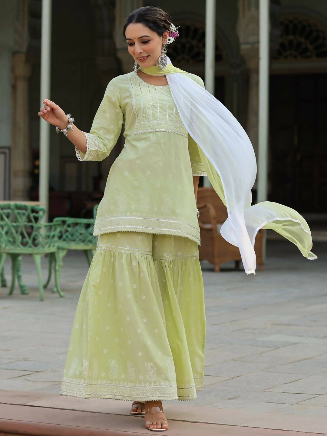 Juniper Women's Lime Green Cambric Floral Print Kurta Sharara Sets | Swadesiicart