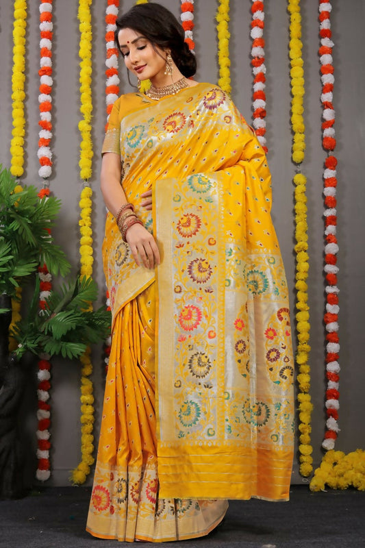 Jyoti Fashion Women's Yellow Banarasi Silk Zari Woven Saree with Blouse | Swadesiicart