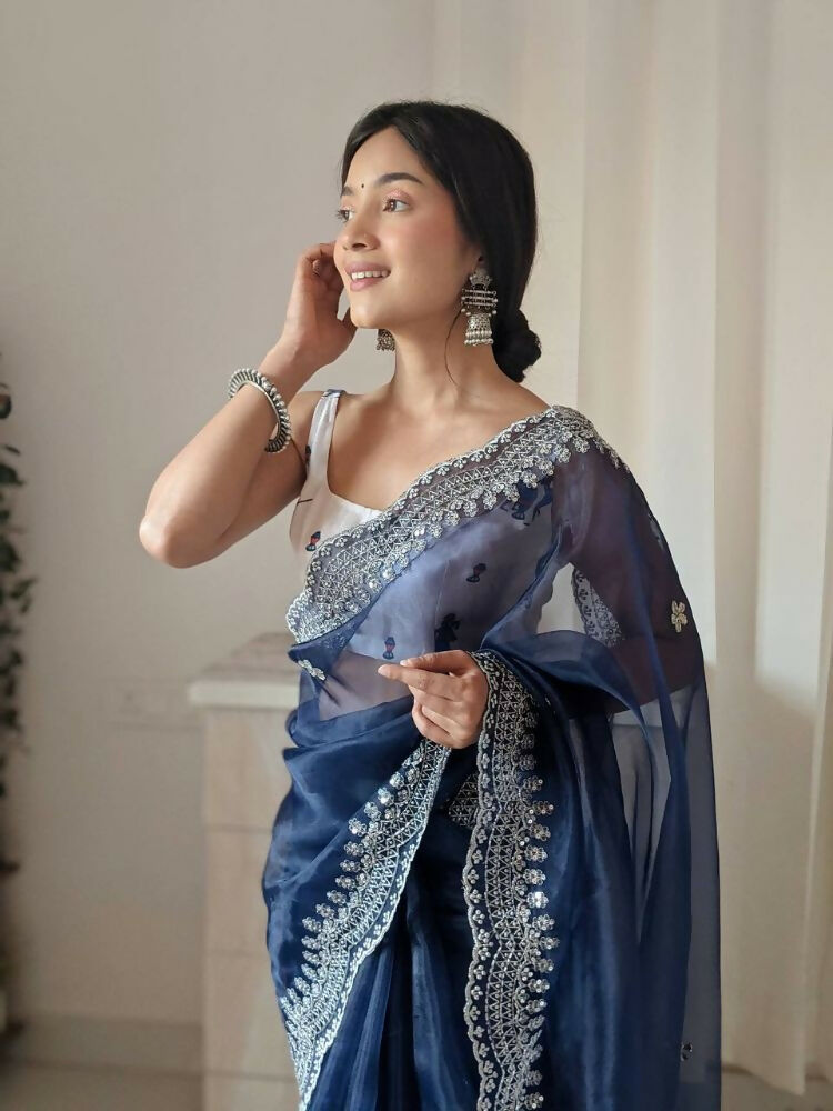 Vamsee Shirovastra Navy Blue Organza Saree - Swadesiicart
