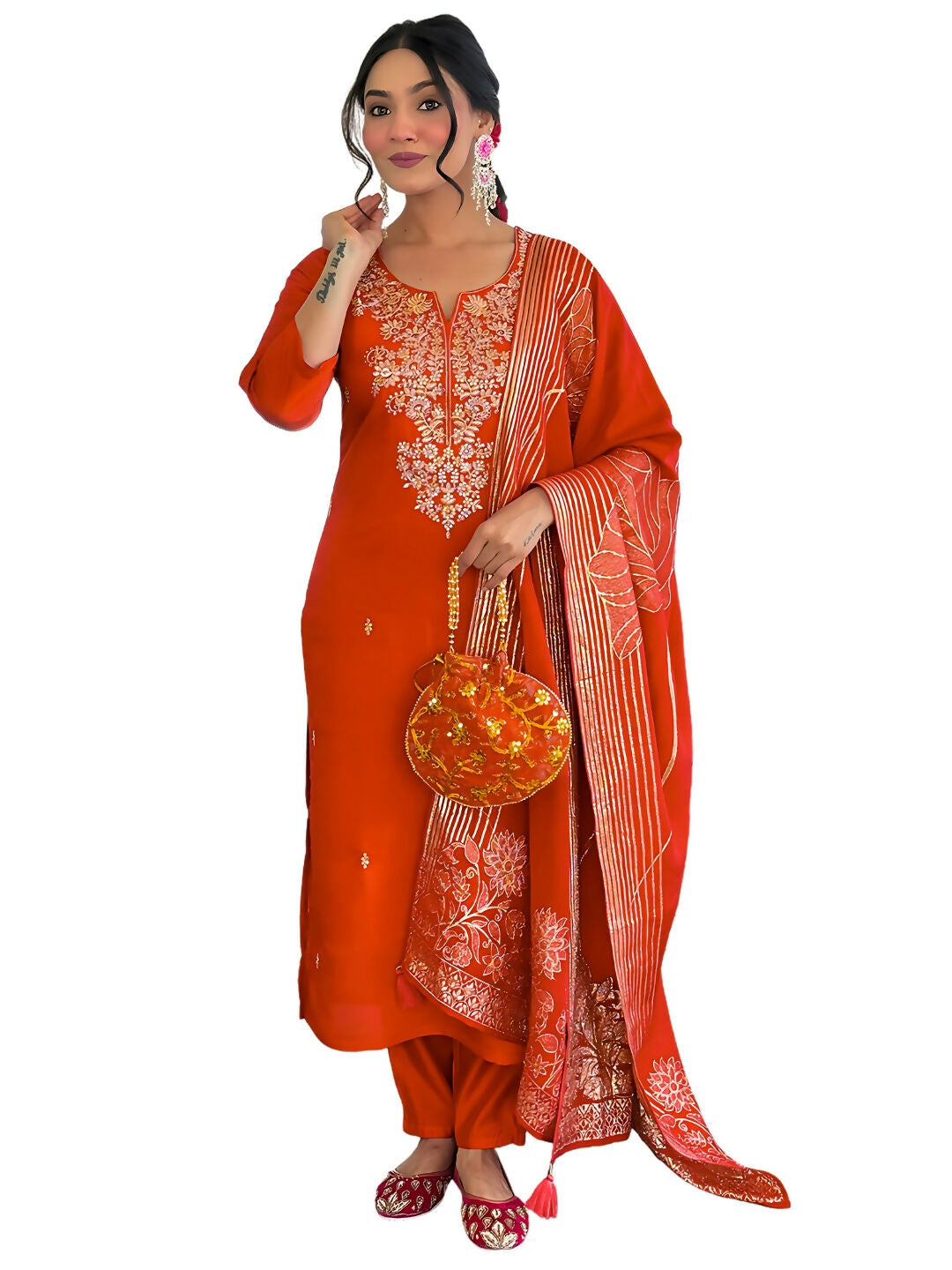 The52 Rust Women's Gorgeous Roman Silk Fabric Straight Kurta, Pant and Dupatta Set - Swadesiicart