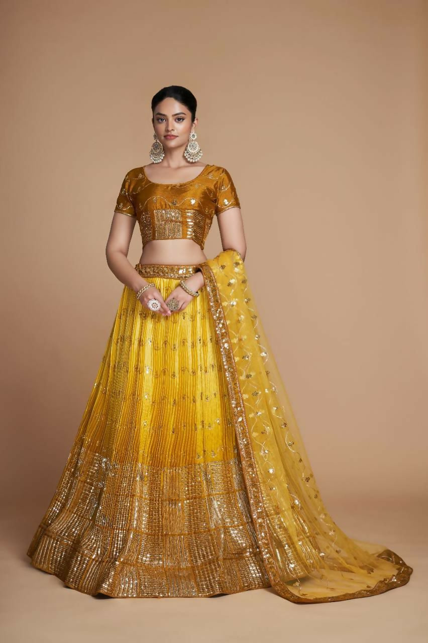 Jyoti Fashion Women's Mustard Heavy Chinon Sequins Embroidered Designer Lehenga Choli Set | Swadesiicart