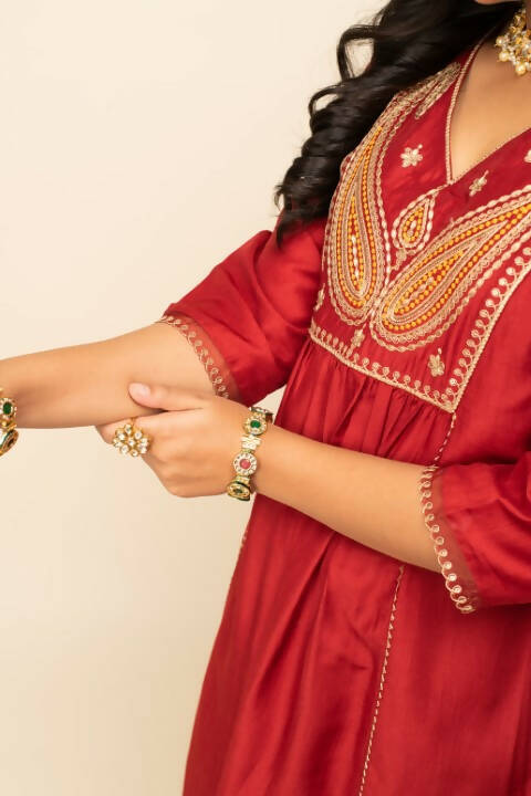 FIORRA Women's Red Silk Blend A-Line Kurta Palazzo Set With Dupatta - Swadesiicart