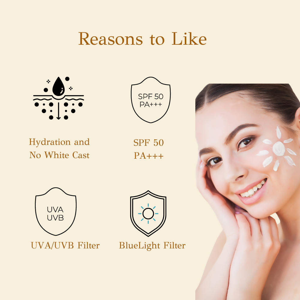 dBasic Sunscreen SPF50 PA+++ UVA/UVB, Blue Light Filter, Rice Water, Shea Butter & No White Cast | Swadesiicart