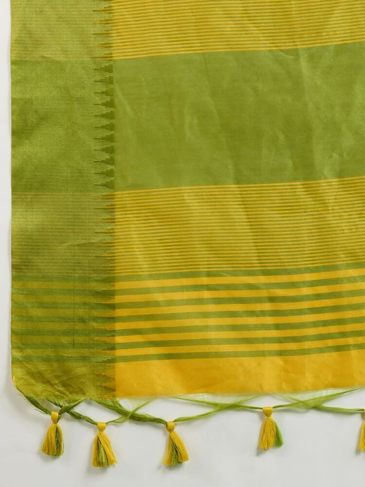 Vishnu Weaves Women's Yellow Raw Silk Thread Woven Saree with Blouse - Swadesiicart